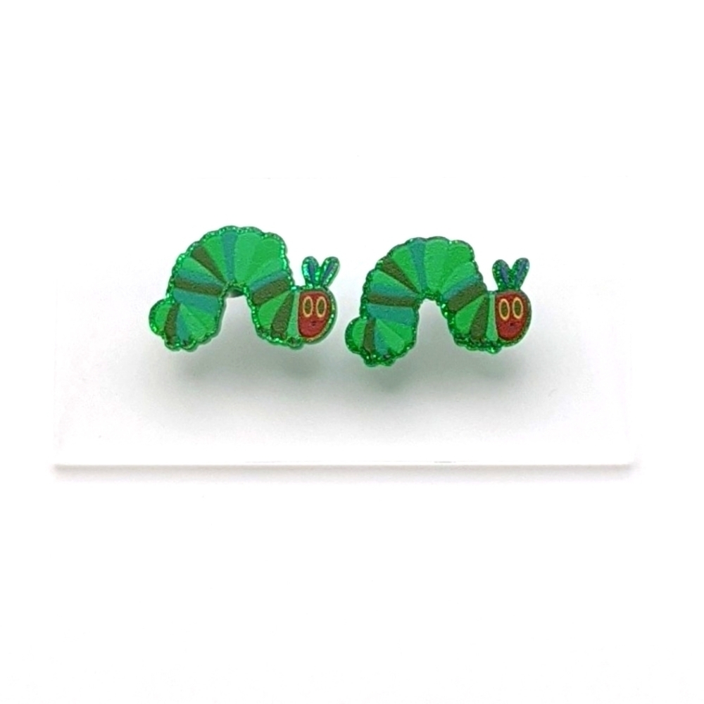Caterpillar acrylic green glitter stud earrings